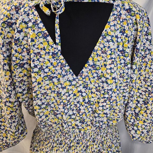 Staccato Dress Blue & Yellow Floral Size Large Fit-to-flare Smocked Waist - Picture 9 of 11